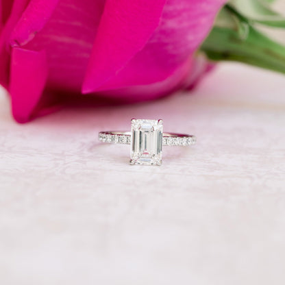 Paved Emerald Cut Moissanite Engagement Ring For Her