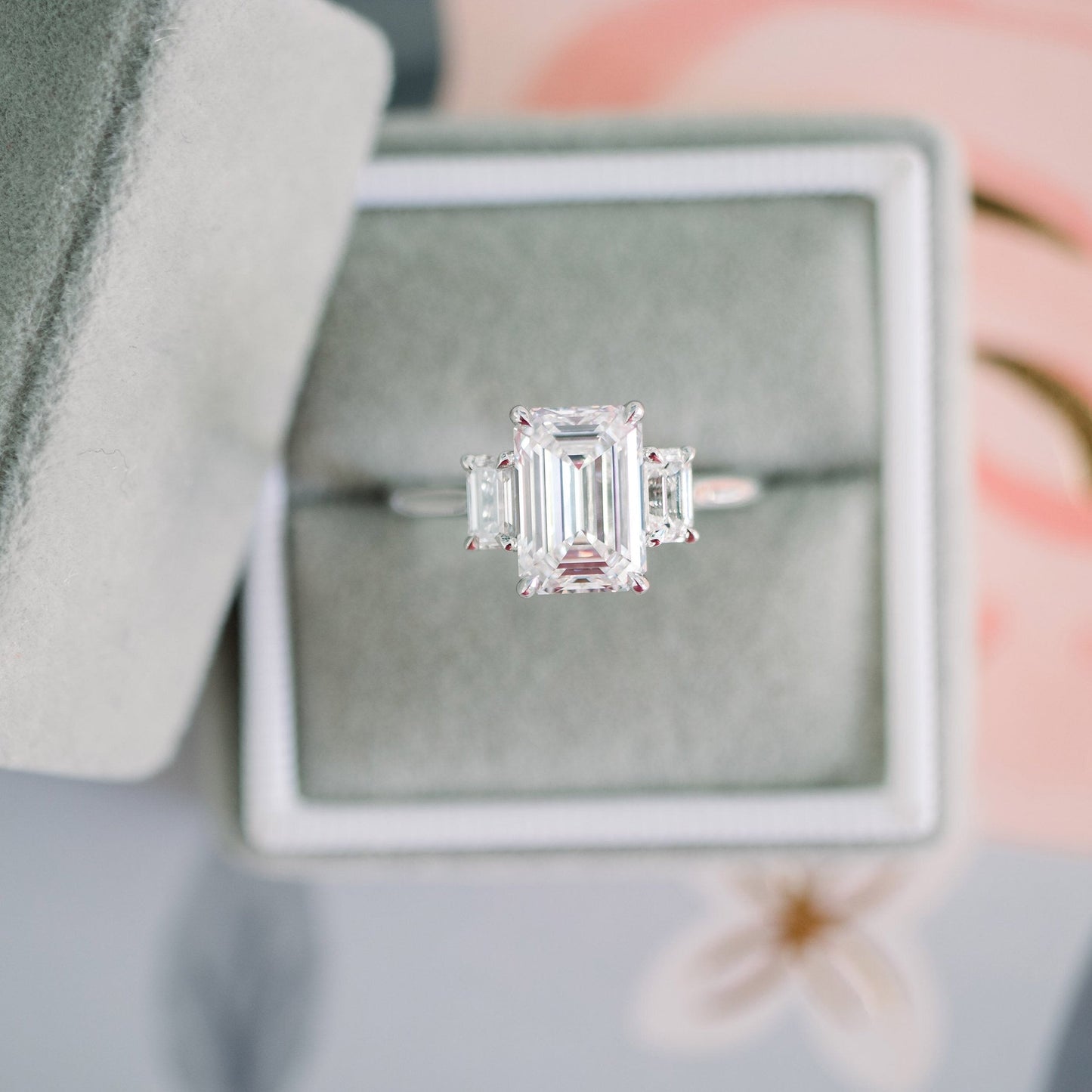 Three Stone Emerald Cut Moissanite Engagement Ring For Her