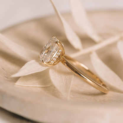 Stunning Solitaire Hidden Halo Cushion Cut Moissanite Engagement Ring