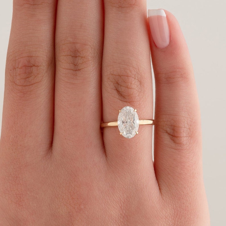 Solitaire Oval Cut Moissanite Anniversary Hidden Halo Ring