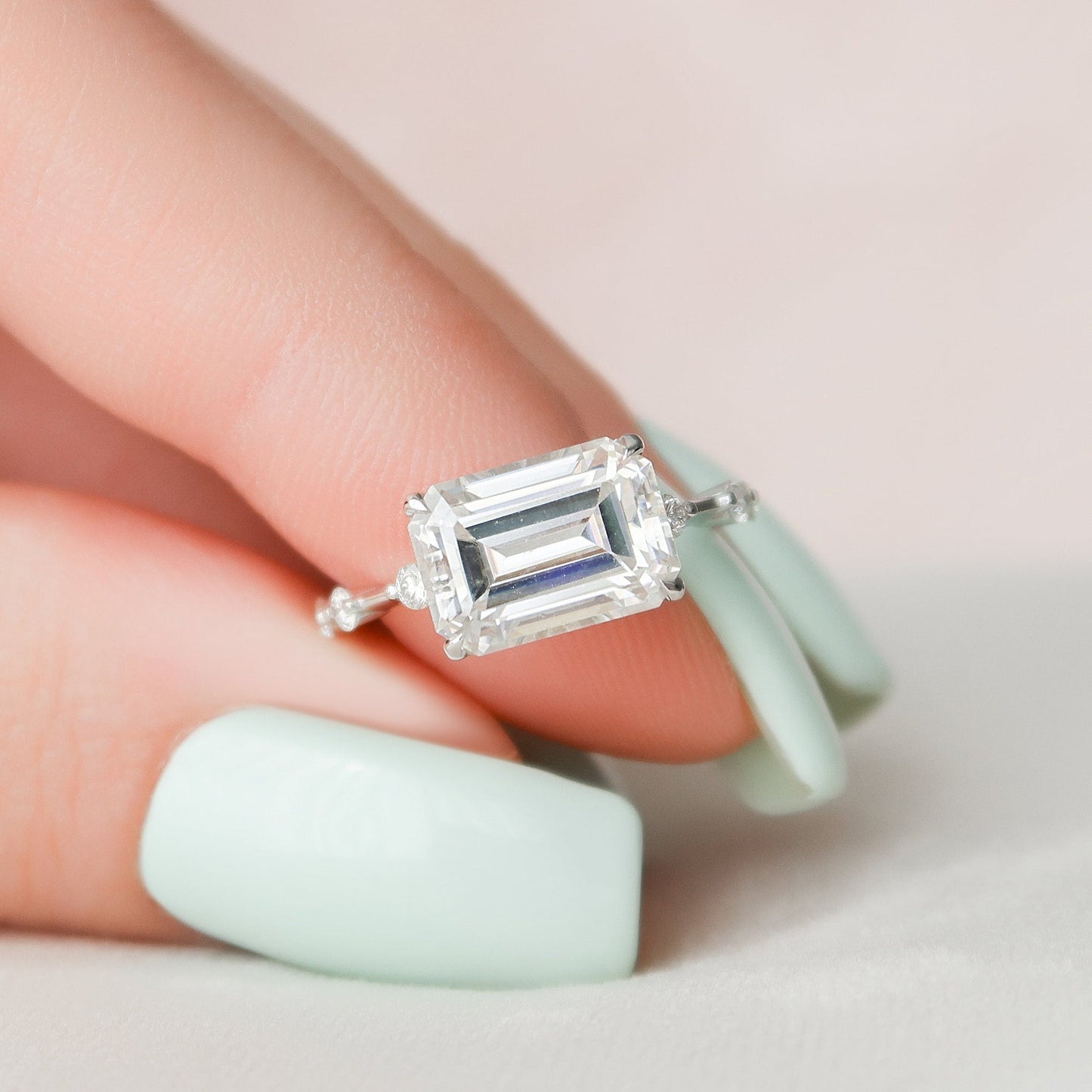 East-West Emerald Cut Moissanite Anniversary Ring For Her