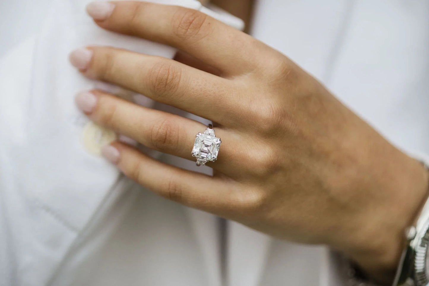 Three Stone Asscher Cut Moissanite Anniversary Ring For Him