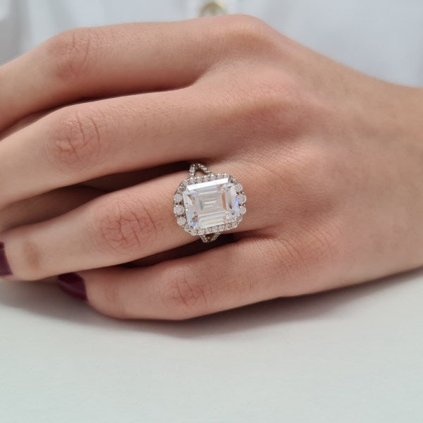 Halo Emerald Cut Moissanite Split Anniversary Ring For Her