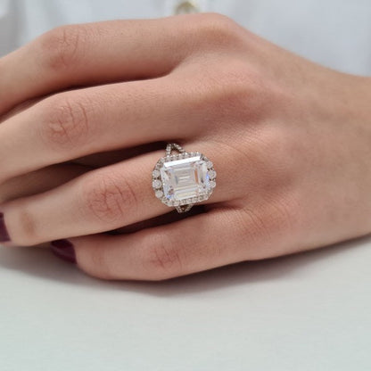 Halo Emerald Cut Moissanite Split Anniversary Ring For Her