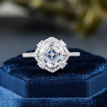 Unique Halo Asscher Cut Moissanite Anniversary Ring