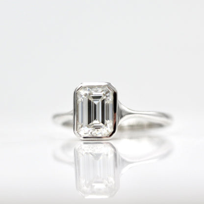 Solitaire Colorless Bezel Emerald Cut Moissanite Engagement Ring