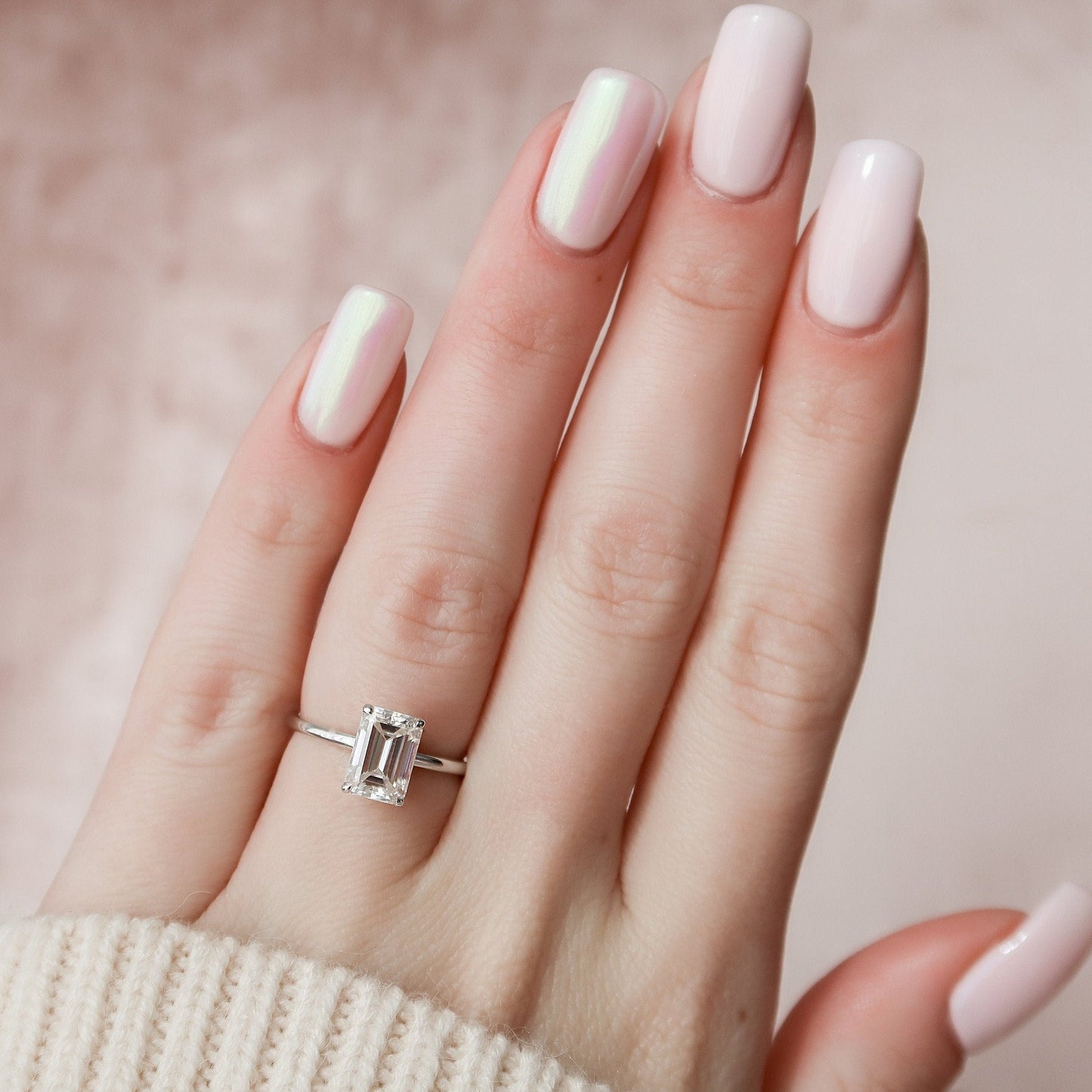 Hidden Halo Solitaire Emerald Cut Moissanite Anniversary Ring