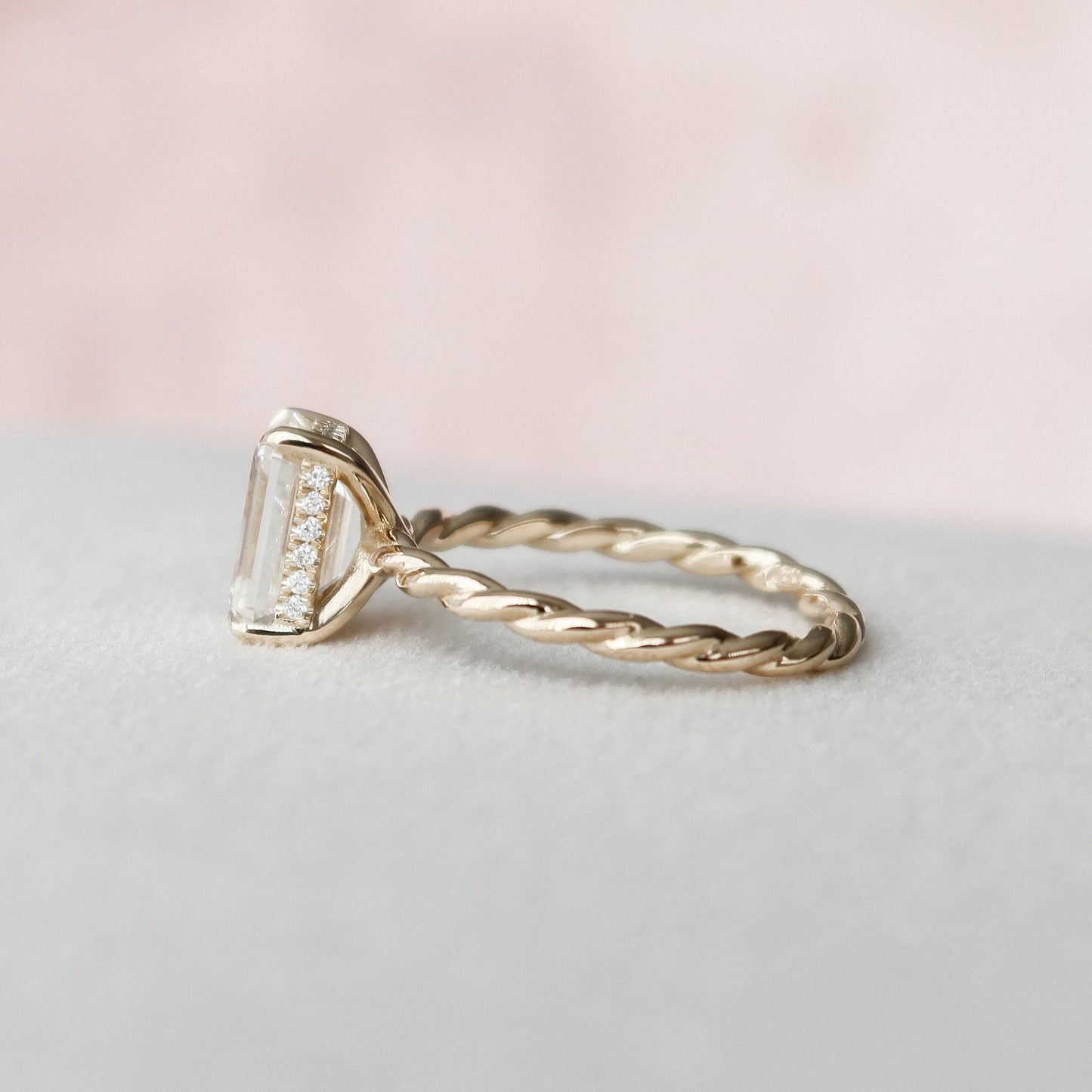 Solitaire Hidden Halo Emerald Cut Moissanite Braided Engagement Ring For Her