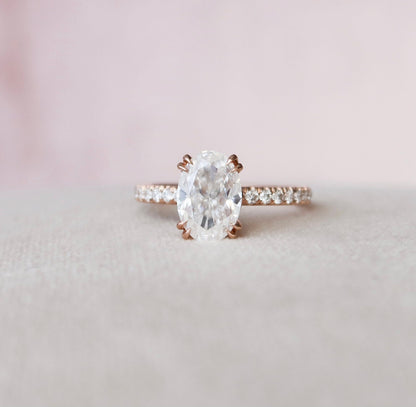 Double Prongs Oval Cut Moissanite Hidden Halo Bridal RIng