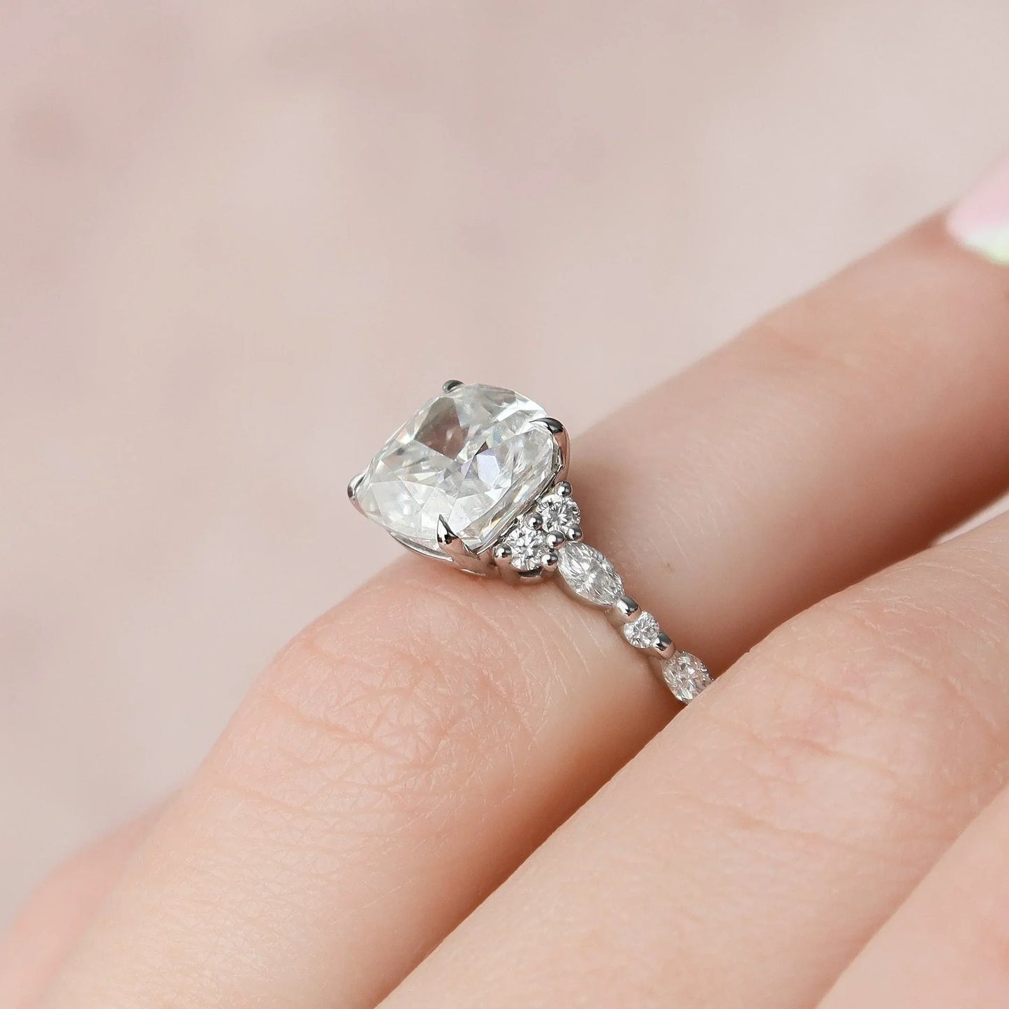 Cluster Cushion Cut Moissanite Engagement Ring For Her