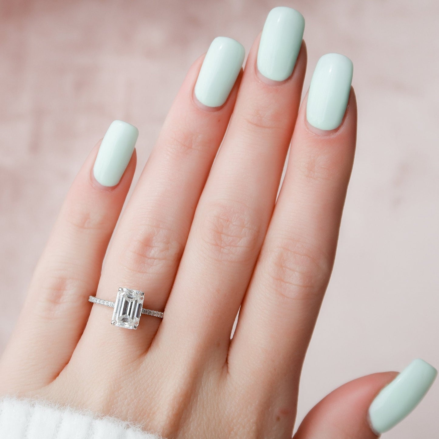 Hidden Halo Emerald Cut Moissanite Paved Engagement Ring