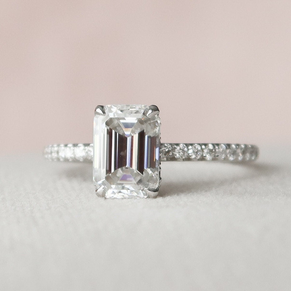 Hidden Halo Emerald Cut Moissanite Engagement Ring