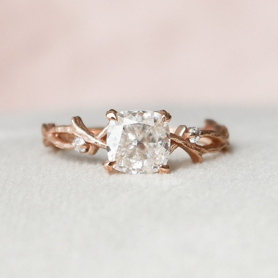 Cushion Cut Twig Branch Moissanite Engagement Ring