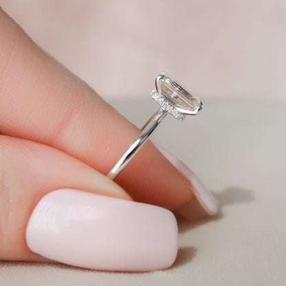 Hidden Halo Solitaire Emerald Cut Moissanite Anniversary Ring