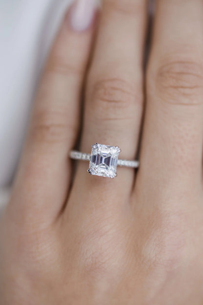 Hidden Halo Asscher Cut Moissanite Double Prongs Paved Ring For Her
