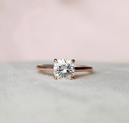 Solitaire Cushion Cut Hidden Halo Moissanite Wedding Ring