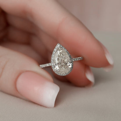 Stunning Halo Pear Cut Moissanite Engagement Ring