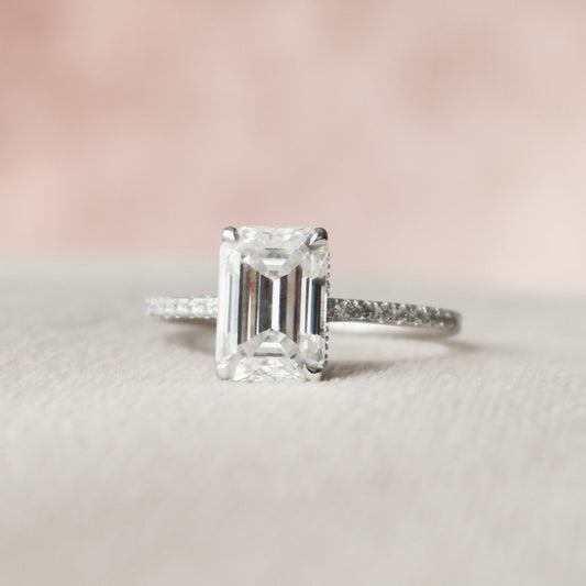 Hidden Halo Emerald Cut Moissanite Paved Engagement Ring