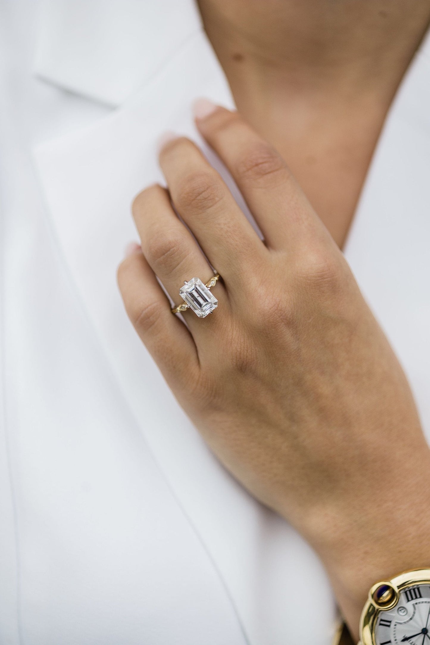Long Solitaire Emerald Cut Moissanite Engagement Ring For Her
