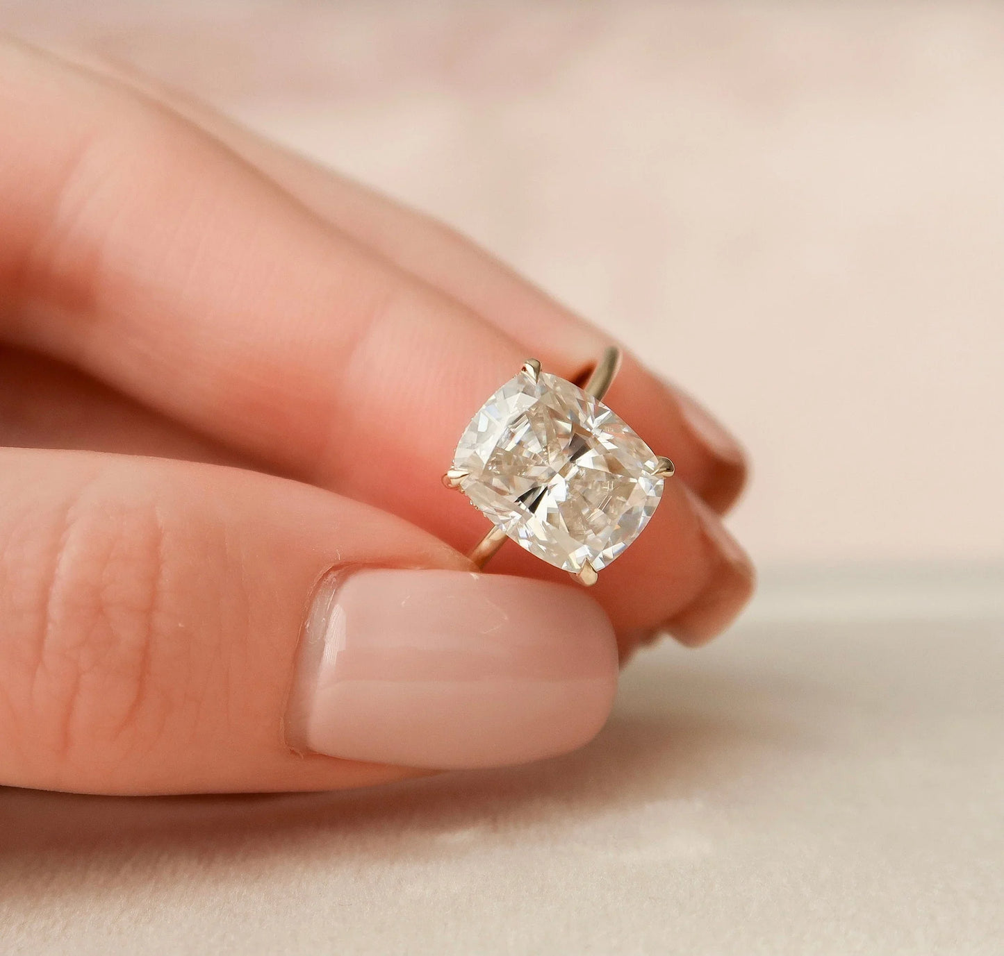 Solitaire Hidden Halo Cushion Cut Moissanite Engagement Ring