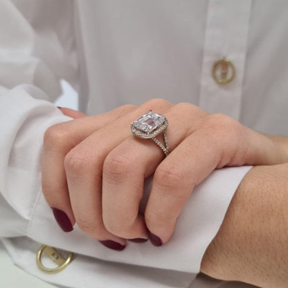 Halo Emerald Cut Moissanite Split Anniversary Ring For Her