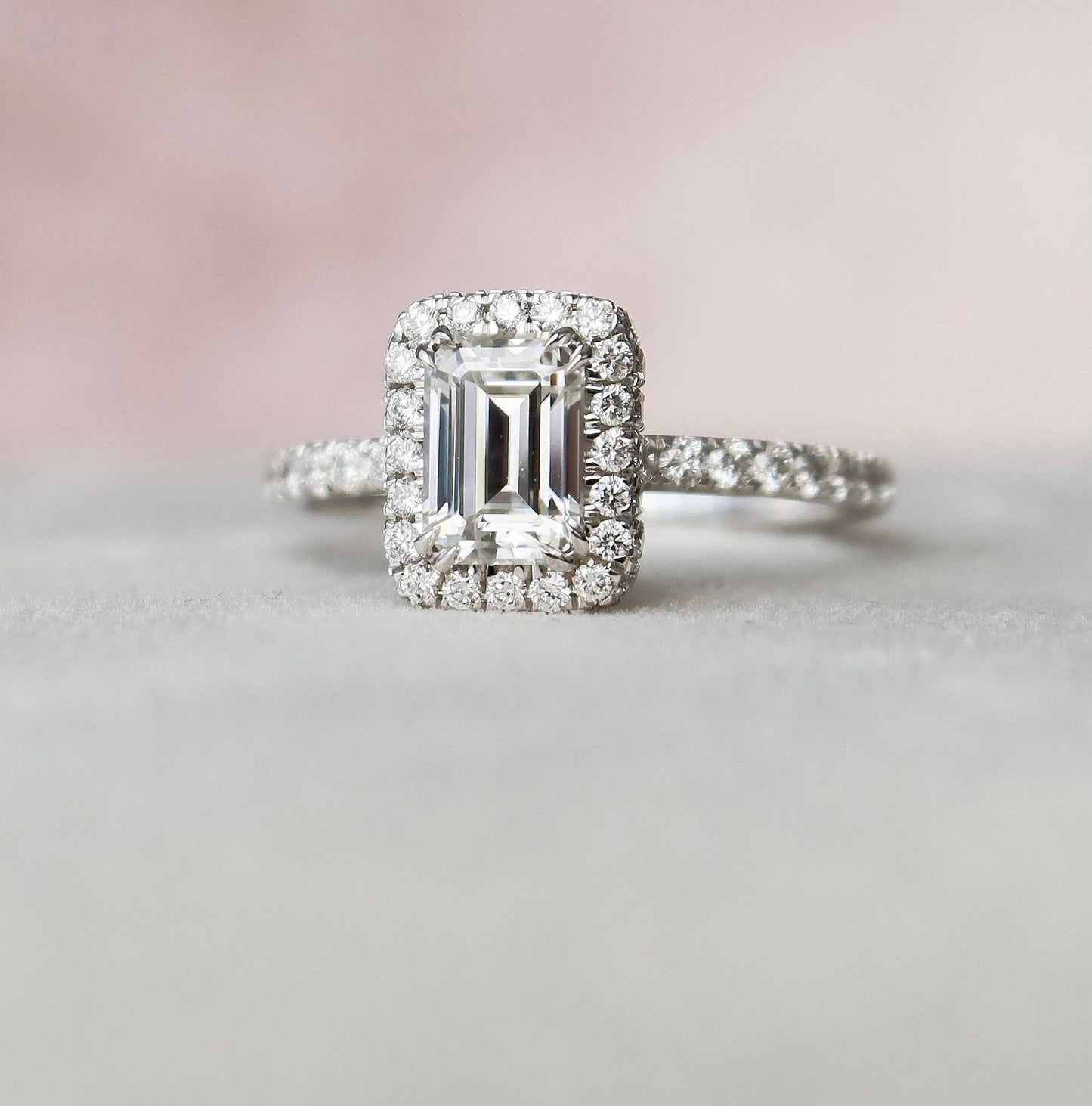 Unique Halo Emerald Cut Moissanite Engagement RIng For Her