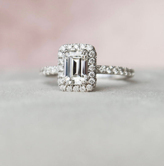 Unique Halo Emerald Cut Moissanite Engagement RIng For Her