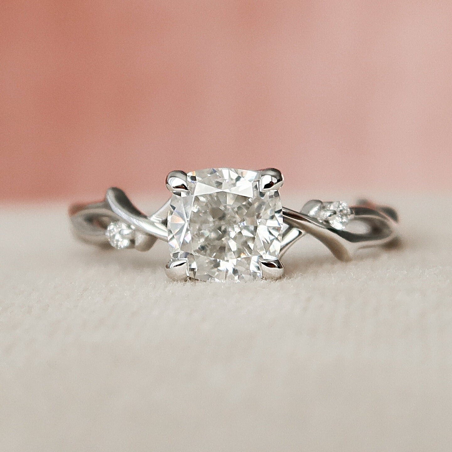 Cushion Cut Twig Branch Moissanite Engagement Ring