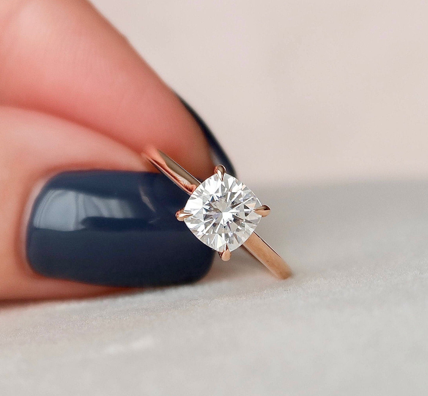 Solitaire Cushion Cut Hidden Halo Moissanite Wedding Ring