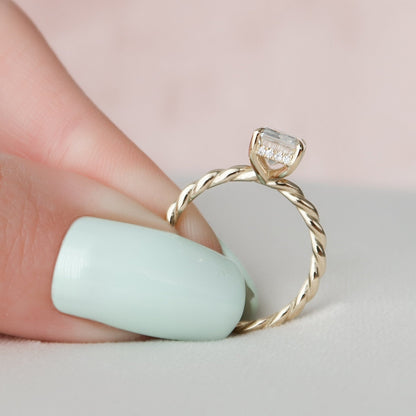 Solitaire Hidden Halo Emerald Cut Moissanite Braided Engagement Ring For Her