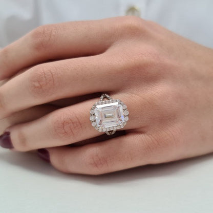 Halo Emerald Cut Moissanite Split Anniversary Ring For Her