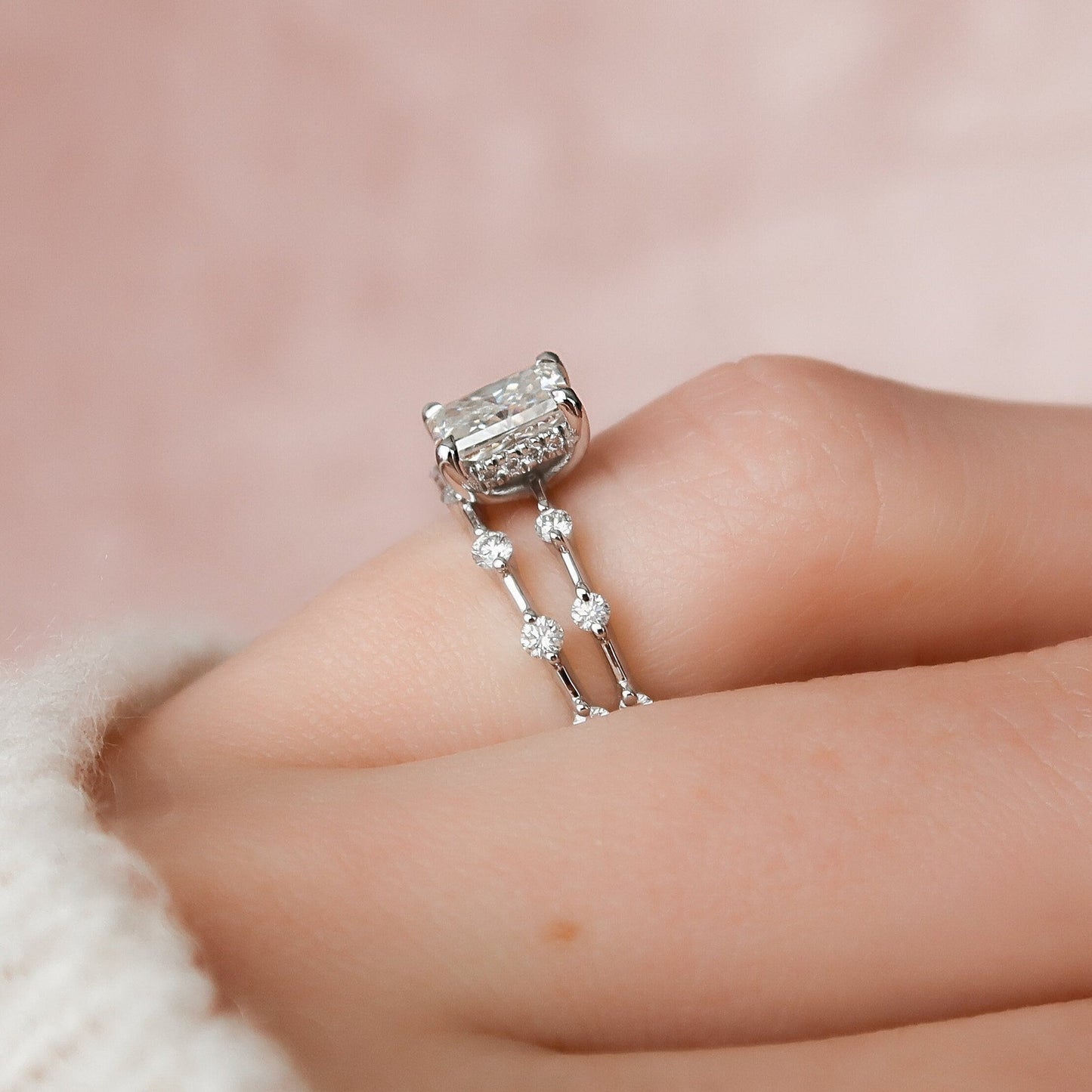 Hidden Halo Radiant Cut Moissanite Bridal Set Bridesmaid Ring Gift For Her