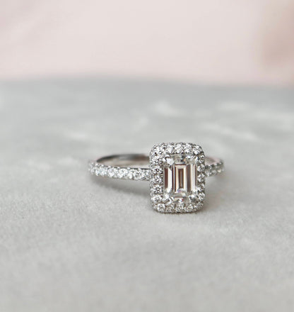 Unique Halo Emerald Cut Moissanite Engagement RIng For Her