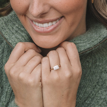 Solitaire East-West Emerald Cut Moissanite Engagement Ring For Her