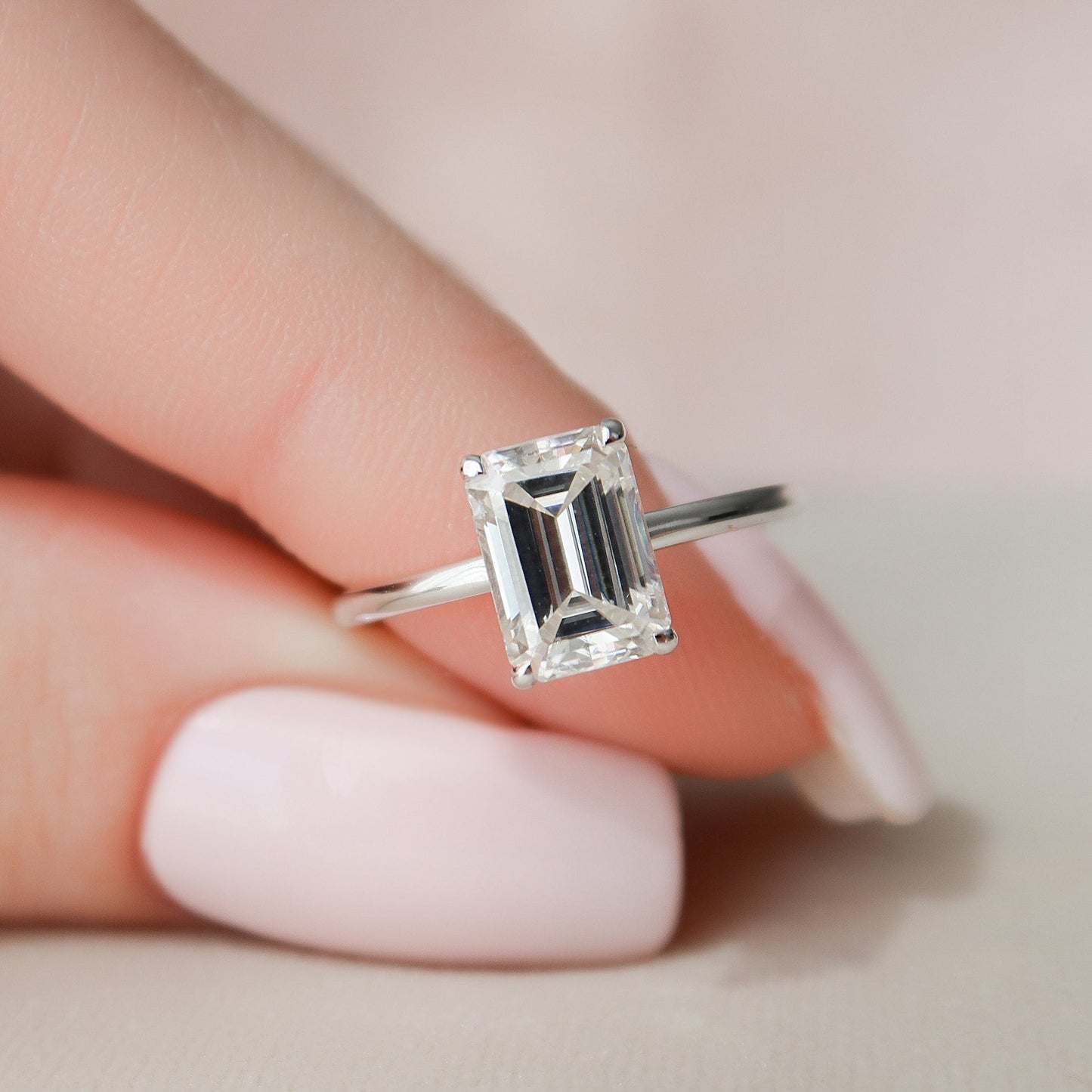 Hidden Halo Solitaire Emerald Cut Moissanite Anniversary Ring