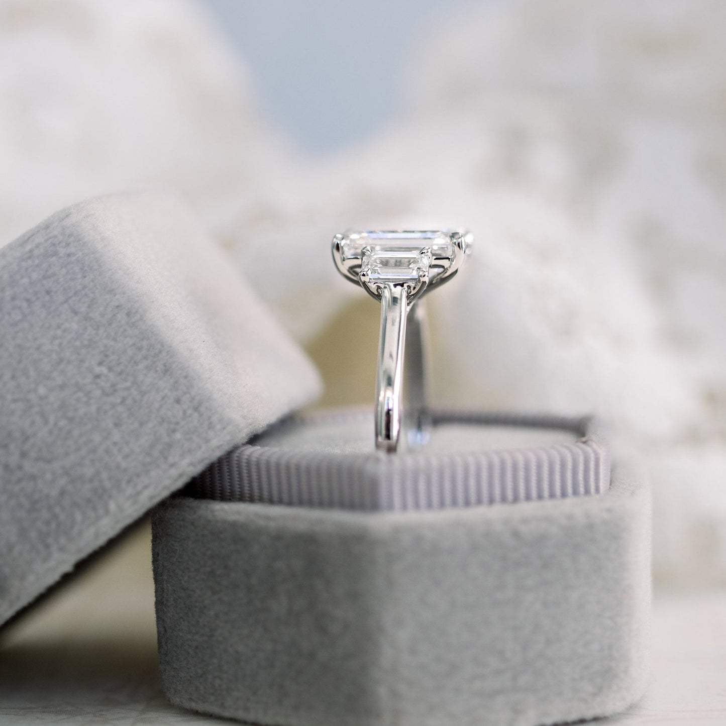 Three Stone Emerald Cut Moissanite Engagement Ring For Her