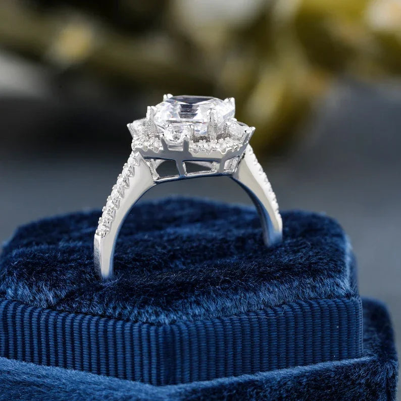 Unique Halo Asscher Cut Moissanite Anniversary Ring