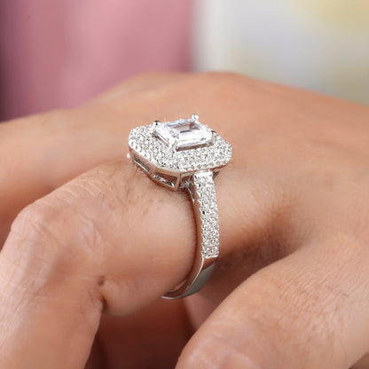 Double Halo Emerald Cut Moissanite Engagement Ring For Her