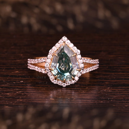 Elegance Halo Green Pear Step Cut Moissanite Split Wedding Ring