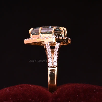 Elegance Halo Green Pear Step Cut Moissanite Split Wedding Ring