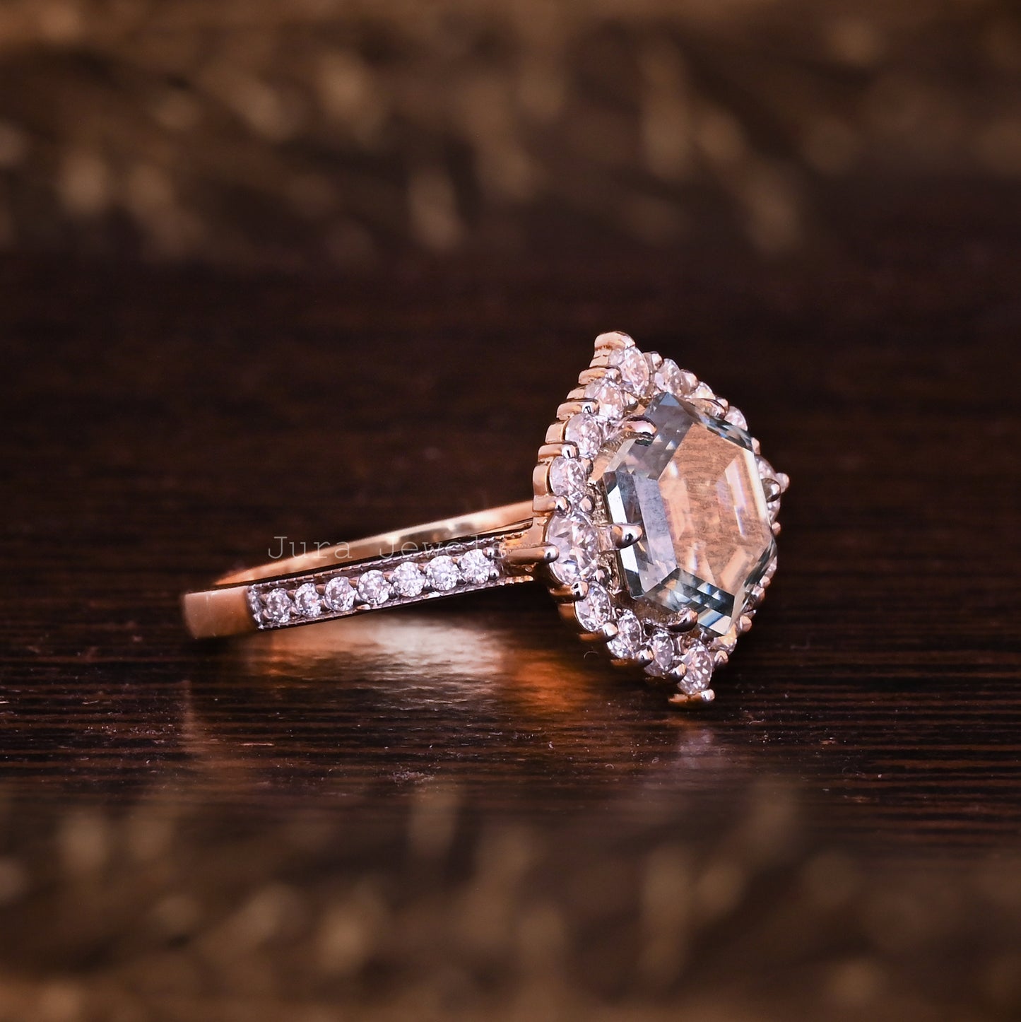 Halo Green Hexagon Cut Moissante Art Deco Wedding Band