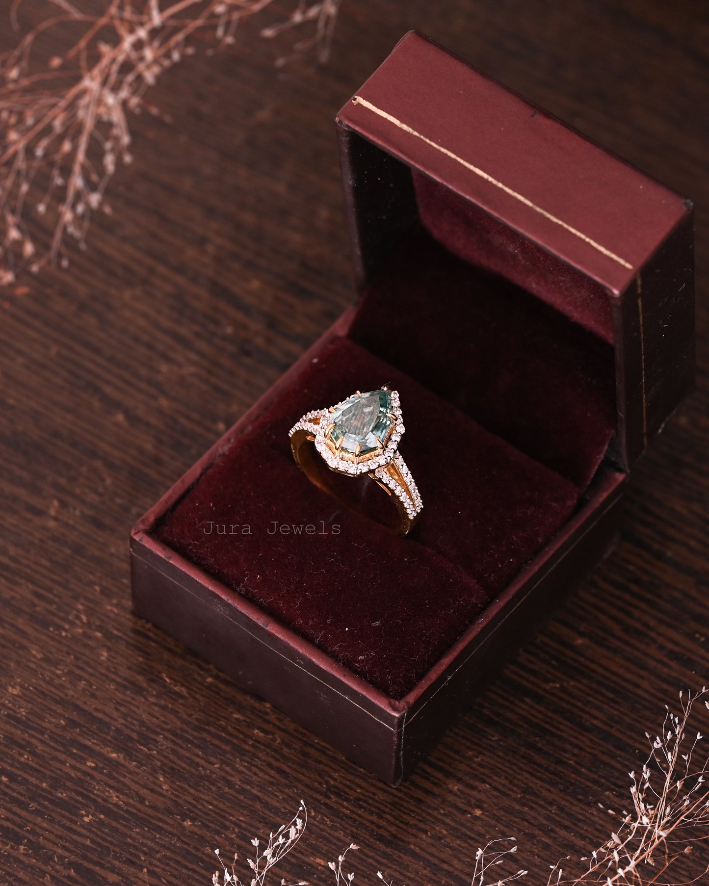Elegance Halo Green Pear Step Cut Moissanite Split Wedding Ring