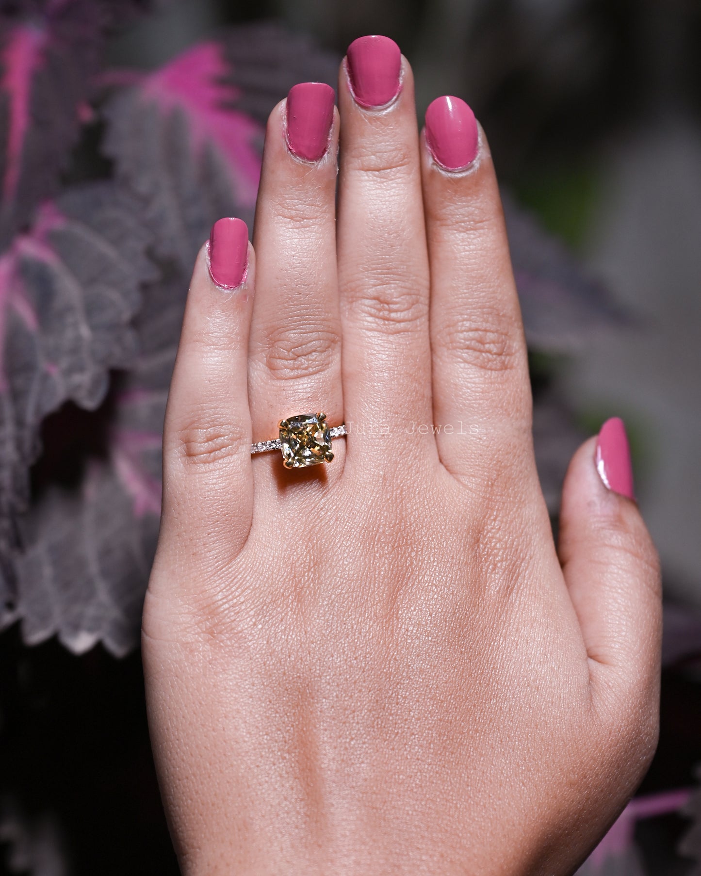 Unique Champange Hidden Halo Cushion Cut Engagement Ring