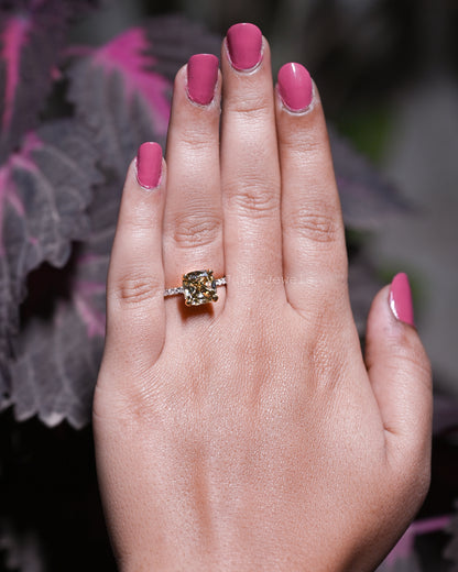 Unique Champange Hidden Halo Cushion Cut Engagement Ring
