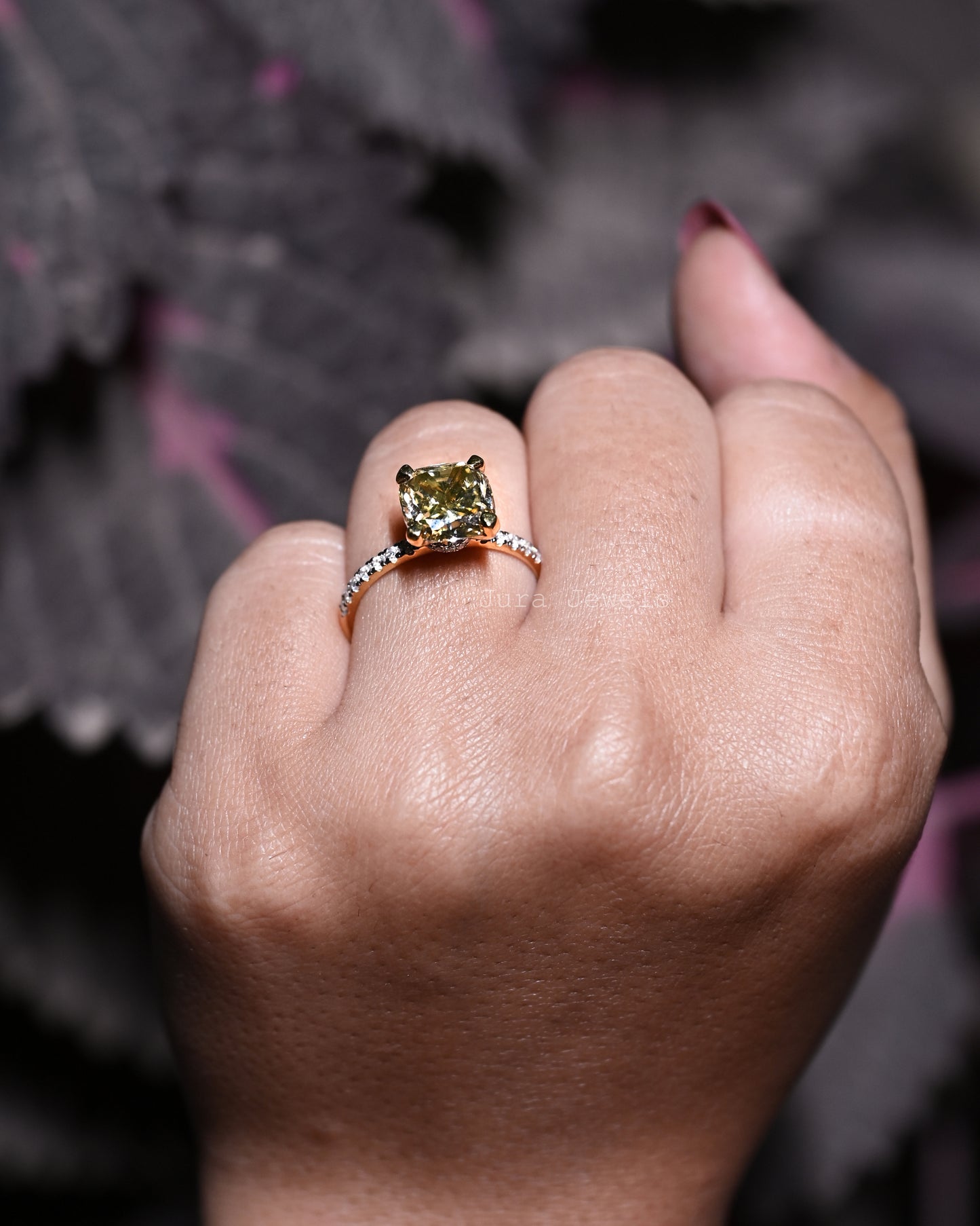 Unique Champange Hidden Halo Cushion Cut Engagement Ring