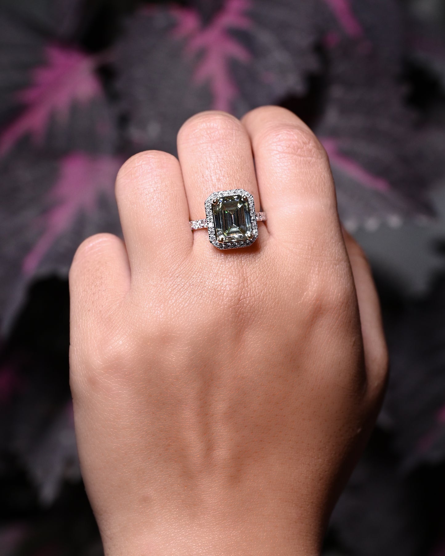 Halo Emerald Cut Moissanite Statement Ring For Her