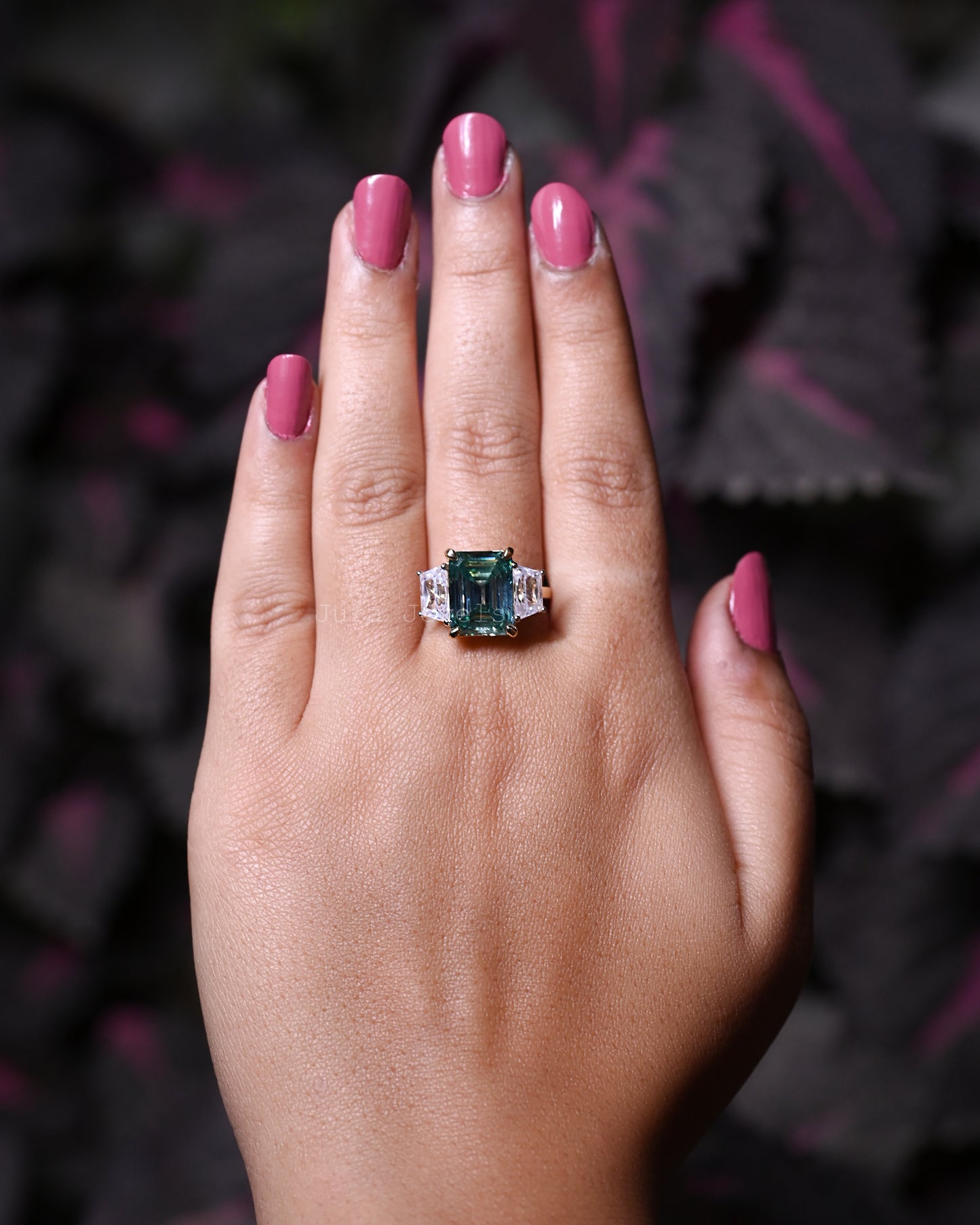 Three Stone Emerald Cut Moissanite Engagement Ring For Her