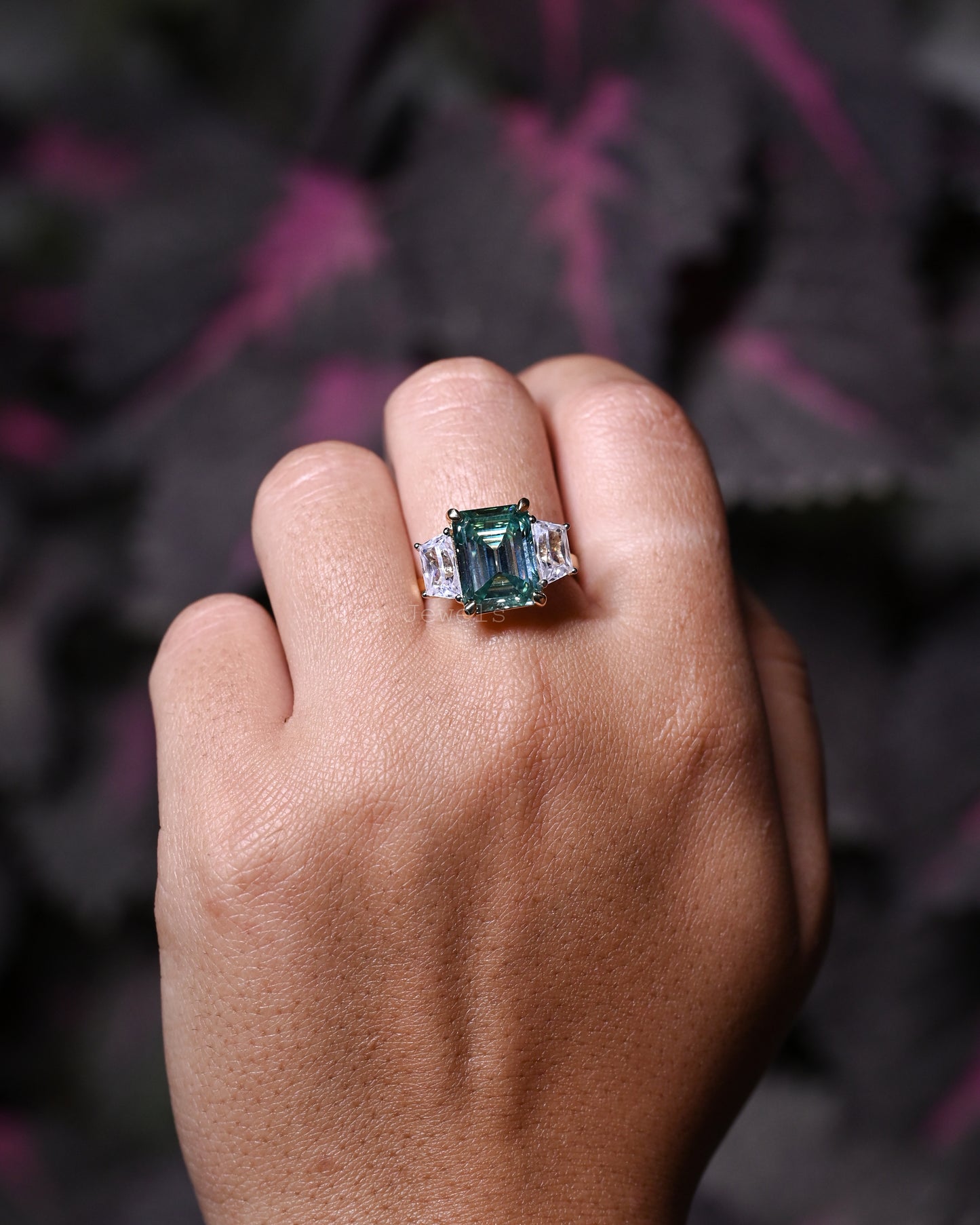 Three Stone Emerald Cut Moissanite Engagement Ring For Her