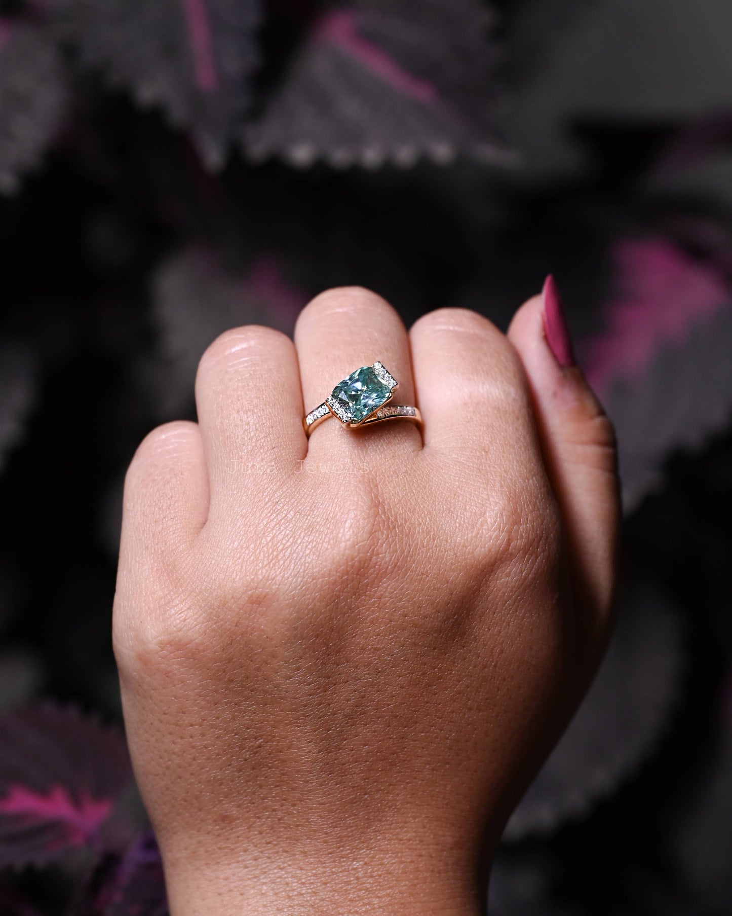 Stunning Bypass Vivid Green Radiant Cut Engagement Ring