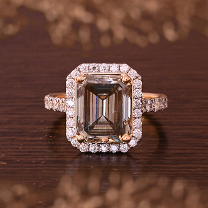 Halo Emerald Cut Moissanite Statement Ring For Her